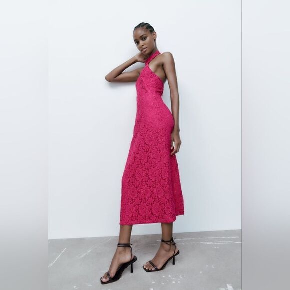 Zara LACE HALTER DRESS PINK - Picture 13 of 14